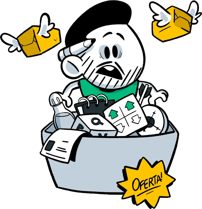 Mascote da PQV dentro de uma caixa de oferta cheia de entregáveis
