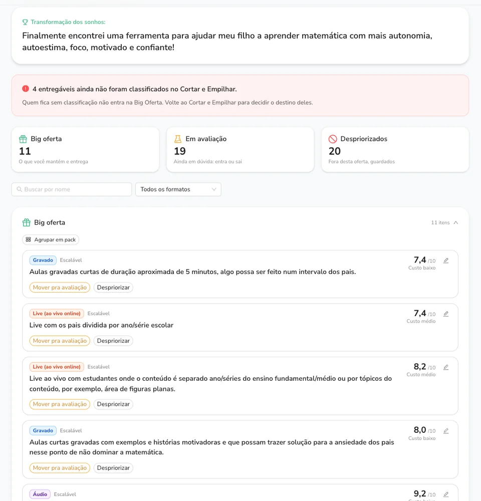 Tela real da PQV.ai no pilar Oferta que Causa Remorso: a Big Oferta com a nota de cada entregável